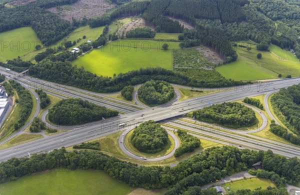 Aerial view, motorway junction Olpe-Süd, Gerlingen, Wenden, Sauerland, North Rhine-Westphalia, Germany, motorway junction, bridge, DE, Europe, aerial view, aerial photography, aerial photography, overview, bird's-eye view, overview