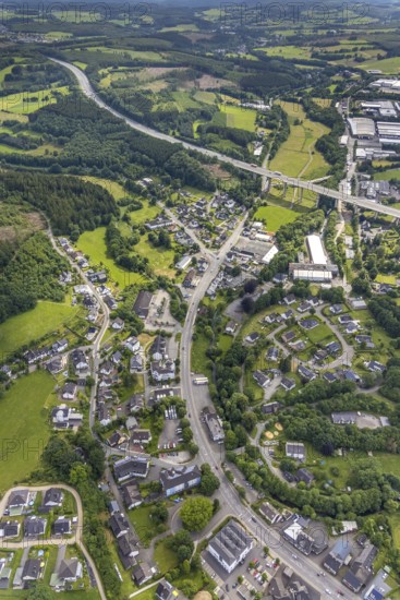 Aerial view, motorway bridge A45 and commercial area Hillmicker Straße in Gerlingen, Wenden, Sauerland, North Rhine-Westphalia, Germany, motorway A45, bridge, DE, Europe, commercial enterprises, commercial area, commercial park, commercial location, commercial use, industrial area, industrial building, industrial location, aerial view, aerial photography, aerial photography, overview, bird's eye view, birds-eyes view, overview