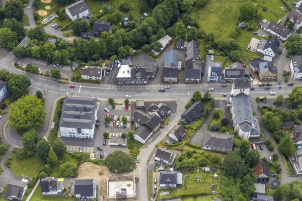 Aerial view, catholic church St. Antonius, Koblenzer Straße, Gerlingen, Wenden, Sauerland, North Rhine-Westphalia, Germany, place of worship, DE, Europe, religious community, place of worship, holy place, church, parish, denomination, aerial view, aerial photography, aerial photography, religion, religious site, overview, bird's-eye view, overview