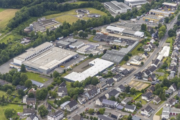 Aerial view, sewage treatment plant Wenden, industrial estate Auf dem Ohl, Gerlingen, Wenden, Sauerland, North Rhine-Westphalia, Germany, DE, Europe, commercial enterprises, commercial area, industrial estate, business park, commercial location, commercial use, industrial area, industrial building, industrial location, sewage treatment plant, aerial view, aerial photography, aerial photography, overview, bird's-eye view, birds-eyes view, overview