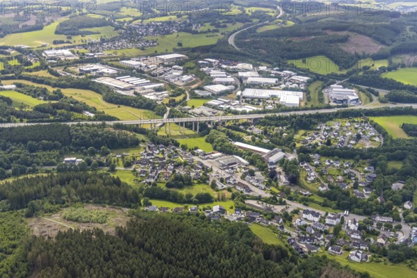 Aerial view, motorway bridge A45 and commercial area Hillmicker Straße in Gerlingen, Wenden, Sauerland, North Rhine-Westphalia, Germany, motorway A45, bridge, DE, Europe, commercial enterprises, commercial area, commercial park, commercial location, commercial use, industrial area, industrial building, industrial location, aerial view, aerial photography, aerial photography, overview, bird's eye view, birds-eyes view, overview