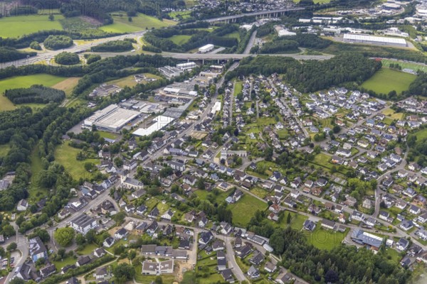 Aerial view, motorway bridge A45 and junction Olpe-Süd at the industrial estate Auf dem Ohl, Gerlingen, Wenden, Sauerland, North Rhine-Westphalia, Germany, motorway A45, motorway junction, bridge, DE, Europe, aerial view, aerial photography, aerial photography, overview, bird's-eye view, overview