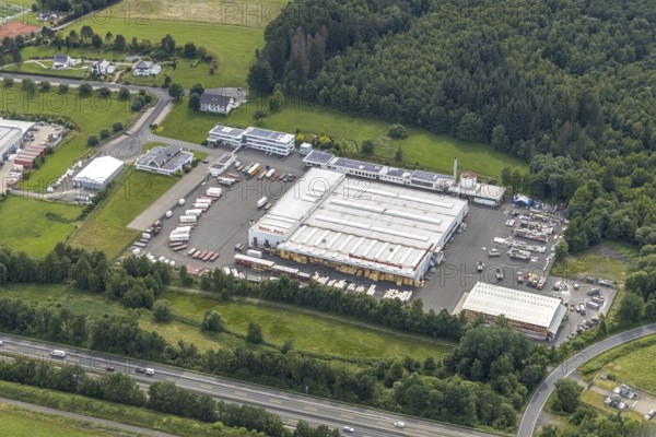 Aerial view, commercial area Rheinauer Straße, Weber Haus, Hünsborn, Wenden, Sauerland, North Rhine-Westphalia, Germany, DE, Europe, commercial enterprises, commercial area, commercial park, commercial location, commercial use, industrial area, industrial building, industrial location, aerial photograph, aerial photography, aerial photography, overview, bird's-eye view, birds-eyes view, overview