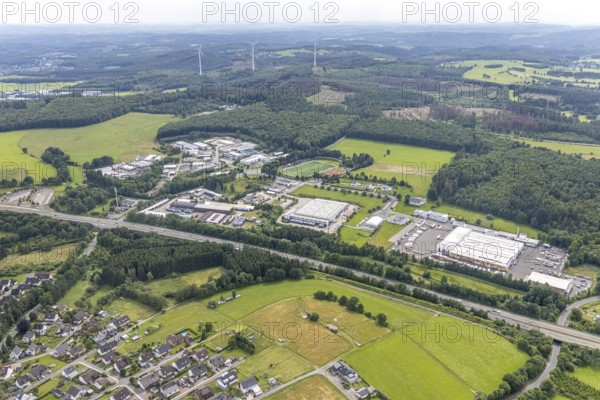 Aerial view, industrial estate Rheinauer Straße, Wesco KG, Weber Haus, Hünsborn, Wenden, Sauerland, North Rhine-Westphalia, Germany, DE, Europe, commercial enterprises, commercial area, industrial estate, business park, commercial location, commercial use, industrial area, industrial building, industrial location, aerial photograph, aerial photography, aerial photography, overview, bird's-eye view, birds-eyes view, overview
