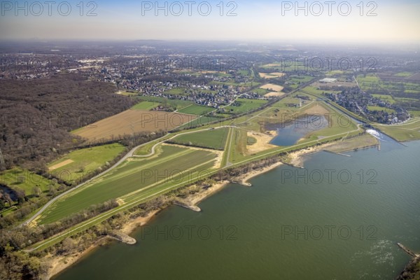 Aerial view, Rhine dyke construction site, Emscher estuary, Emscher estuary drop structure, Emscher bridge Hagelstraße, Rheinaue Walsum, river Emscher, river Rhine, Möllen, Voerde, Ruhr area, Lower Rhine, North Rhine-Westphalia, Germany, DE, Emscher, Emscher estuary into the Rhine, Emscher conversion, Europe, aerial view, aerial photography, aerial photography, Rhine, Rhine floodplain, overview, bird's-eye view, meadows and fields, birds-eyes view, overview