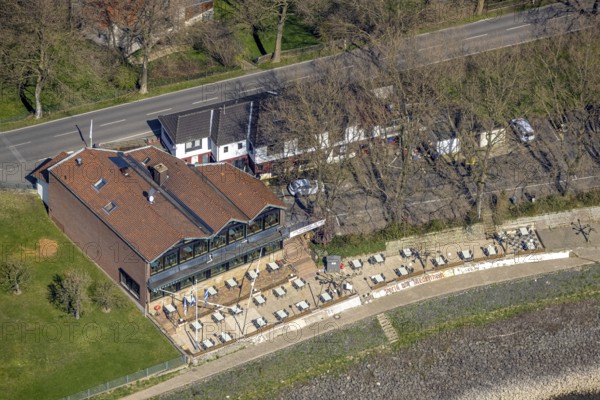 Aerial view, Restaurant Zur Arche an der Rheinpromenade, Görsicker, Voerde, Ruhr area, Lower Rhine, North Rhine-Westphalia, Germany, outdoor gastronomy, beer garden, café, Corona crisis, Corona measures, Corona virus, DE, Europe, inn, gastronomy, aerial photography, aerial photography, aerial photography, pearl on the Lower Rhine, restaurant, overview, bird's eye view, birds-eyes view, overview