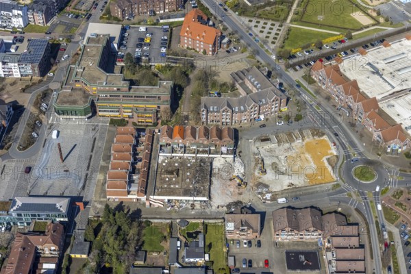 Aerial view, town hall, construction site and demolition for new business centre at the town hall square, Voerde, Ruhr area, Lower Rhine, North Rhine-Westphalia, Germany, authority, DE, Europe, aerial view, aerial photography, aerial photography, market place, town hall square, overview, bird's eye view, weekly market market, birds-eyes view, overview