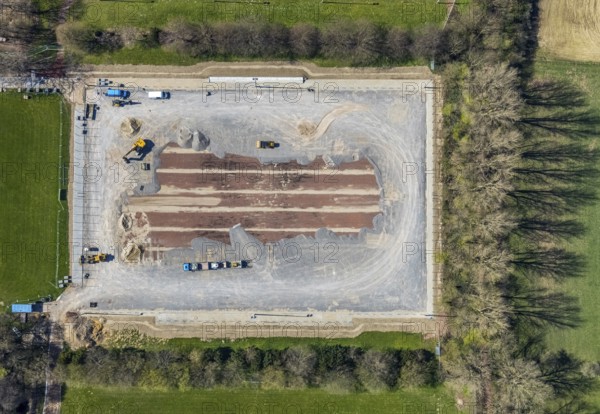 Aerial view, construction site for new sports field, sports centre Voerde, Rönskenstraße, Voerde, Ruhr area, Lower Rhine, North Rhine-Westphalia, Germany, construction work, construction area, building site, building plots, construction project, construction site, DE, Europe, shapes and colours, aerial view, aerial photography, aerial photography, overview, bird's-eye view, bird's-eye view, overview