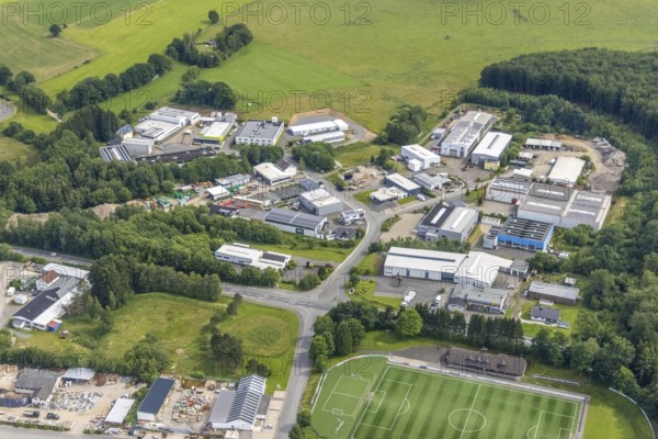 Aerial view, commercial area Hünsborn, Wenden, Sauerland, North Rhine-Westphalia, Germany, DE, Europe, commercial enterprises, commercial area, commercial park, commercial location, commercial use, industrial area, industrial building, industrial location, aerial photograph, aerial photography, aerial photography, overview, bird's-eye view, overview