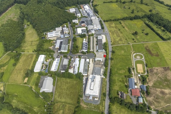 Aerial view, commercial area Siegener Straße, Ludger Clemens Landwirtschaftsbetrieb Reiterhof, Hünsborn, Wenden, Sauerland, North Rhine-Westphalia, Germany, DE, Europe, commercial enterprises, commercial area, commercial area, commercial location, commercial use, industrial area, industrial location, agricultural enterprise, aerial photograph, aerial photography, aerial photography, riding centre, riding stable, overview, bird's-eye view, overview