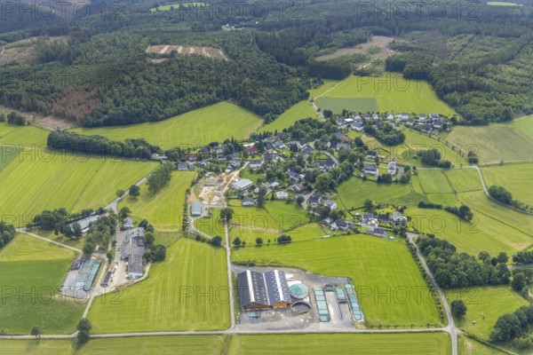 Aerial view, construction site and view of Römershagen, Wenden, Sauerland, North Rhine-Westphalia, Germany, construction work, construction area, construction site, building plots, construction project, construction site, DE, Europe, aerial view, aerial photography, aerial photography, overview, bird's-eye view, overview