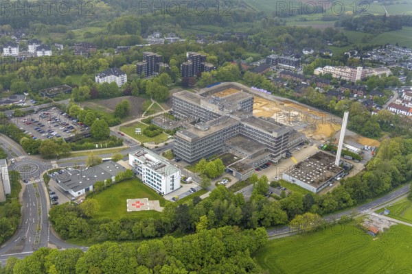 Aerial view, construction site, new clinic building at Helios Klinikum Niederberg, Velbert, Ruhr area, North Rhine-Westphalia, Germany, construction work, construction area, construction site, building plots, construction project, construction site, DE, Europe, aerial view, aerial photography, aerial photography, new building, overview, bird's-eye view, overview