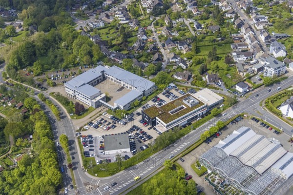 Aerial photo, fire brigade Velbert, Procar Automobile GmbH dealer, Velbert, Ruhr area, North Rhine-Westphalia, Germany, fire fighter, fire protection, fire watch, DE, Europe, fire station, fire brigade, aerial photo, aerial photography, aerial photography, overview, bird's-eye view, overview