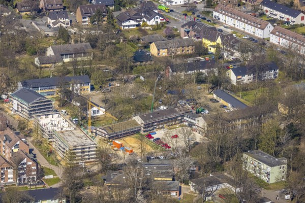 Aerial view, construction site and new construction for new apartment buildings Am Bauhof, former Parkschule, Friedrichsfeld, Voerde, Ruhr area, Lower Rhine, North Rhine-Westphalia, Germany, construction work, construction area, building site, building plots, construction project, construction site, DE, Europe, aerial view, aerial photography, aerial photography, new construction, overview, bird's eye view, bird's eye view, overview