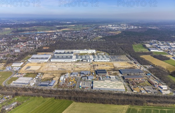Aerial view, construction site Am Industriepark, Friedrichsfeld, Voerde, Ruhr area, Lower Rhine, North Rhine-Westphalia, Germany, construction work, construction area, construction site, building plots, construction project, construction site, DE, Europe, Flender, commercial enterprises, commercial area, commercial park, commercial site, commercial use, industrial area, industrial site, aerial photograph, aerial photography, aerial photography, overview, bird's-eye view, Winernergy, birds-eyes view, overview