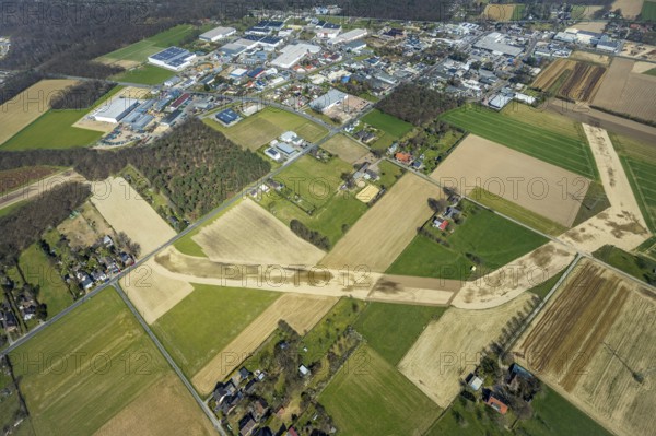 Aerial view, pipeline construction, forest with meadows and fields at the Holthausen industrial estate, Voerde, Ruhr area, Lower Rhine, North Rhine-Westphalia, Germany, DE, Europe, aerial view, aerial photography, aerial photography, overview, bird's eye view, forest area, birds-eyes view, overview