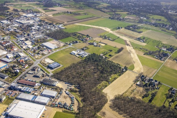 Aerial view, pipeline construction, forest with meadows and fields at the Holthausen industrial estate, Voerde, Ruhr area, Lower Rhine, North Rhine-Westphalia, Germany, DE, Europe, aerial view, aerial photography, aerial photography, overview, bird's eye view, forest area, birds-eyes view, overview