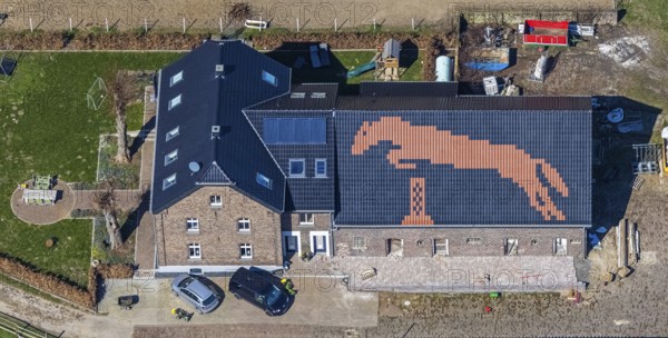 Aerial view, Pferdefreunde Emmelsum, jumping horse on the barn roof, club grounds Heinrichstraße, Emmelsum, Voerde, Ruhr area, Lower Rhine, North Rhine-Westphalia, Germany, DE, roof graphic, Europe, aerial view, aerial photography, aerial photography, horses, equestrian sports, riding centre, riding stable, riding club, riding stable, overview, bird's-eye view, overview