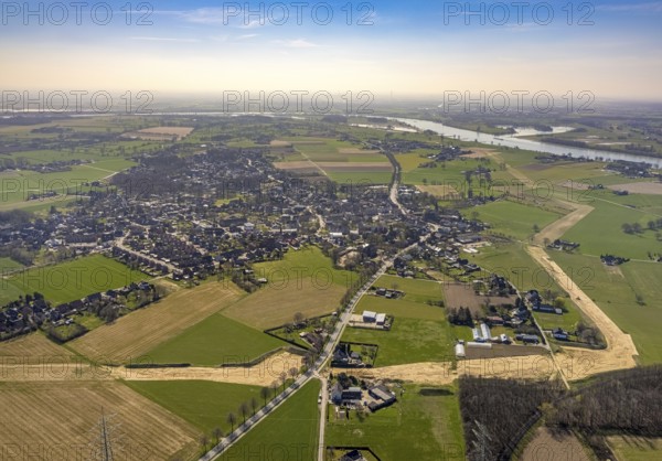 Aerial view, aerial view Spellen, pipeline construction, river Rhine, Spellen, Voerde, Ruhr area, Lower Rhine, North Rhine-Westphalia, Germany, DE, Europe, distant view, aerial view, aerial photography, aerial photography, overview, bird's-eye view, bird's-eye view, overview