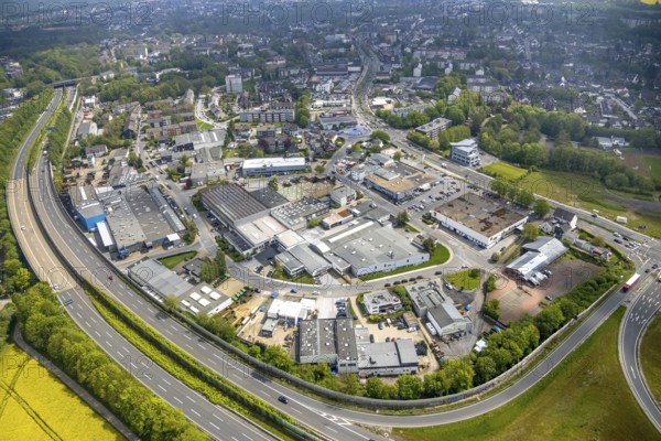Aerial view, commercial area Uhlandstraße at the motorway A44, Krehwinkler Höfe, Velbert, Ruhr area, North Rhine-Westphalia, Germany, DE, Europe, commercial enterprises, commercial area, commercial location, commercial use, industrial area, industrial location, aerial photograph, aerial photography, aerial photography, overview, bird's-eye view, overview
