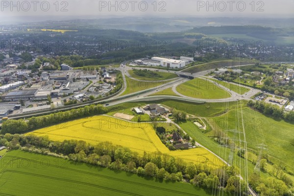 Aerial view, rape fields at the A44 motorway junction Hetterscheidt, Krehwinkler Höfe, Velbert, Ruhr area, North Rhine-Westphalia, Germany, motorway A44, DE, Europe, aerial view, aerial photography, aerial photography, overview, bird's-eye view, overview