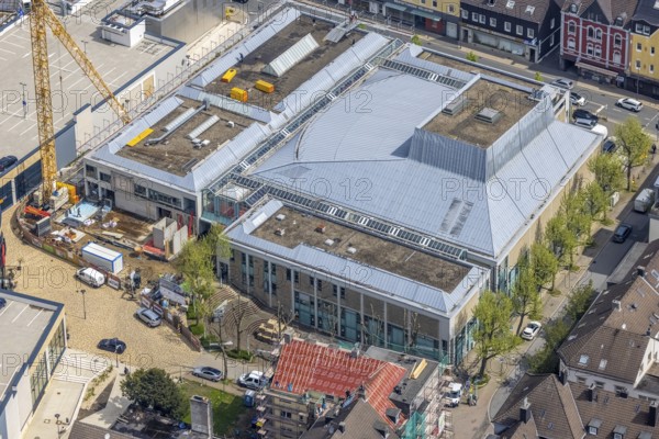 Aerial view, construction site at Forum Niederberg, Kultur- und Veranstaltungsbetrieb Velbert, Velbert, Ruhr area, North Rhine-Westphalia, Germany, construction work, construction area, building plots, construction project, construction site, DE, Europe, congress centre, culture, art, aerial view, aerial photography, aerial photography, overview, events, venue, event location, event centre, bird's-eye view, bird's-eye view, cultural use, overview