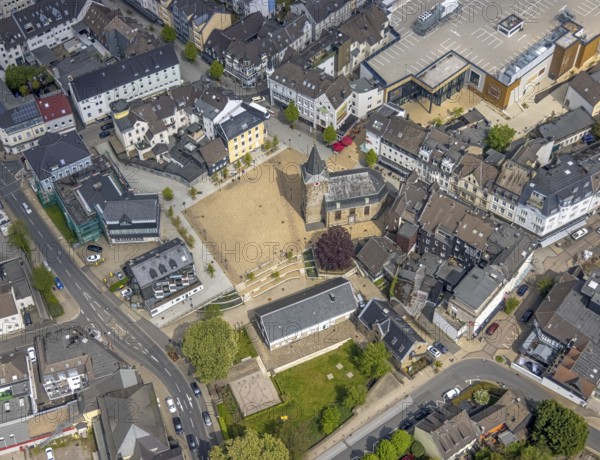 Aerial view, Old Church Velbert at the market place, Velbert, Ruhr area, North Rhine-Westphalia, Germany, place of worship, DE, Europe, religious community, place of worship, holy place, church, parish, denomination, aerial view, aerial photography, aerial photography, market place, religion, religious site, overview, bird's-eye view, weekly market market, birds-eyes view, overview