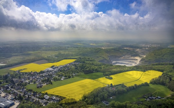 Aerial view, rape fields Rützkausen, limestone quarry Rohdenhaus, Velbert, Ruhr area, North Rhine-Westphalia, Germany, DE, Europe, aerial view, aerial photography, aerial photography, quarry, overview, bird's eye view, birds-eyes view, overview