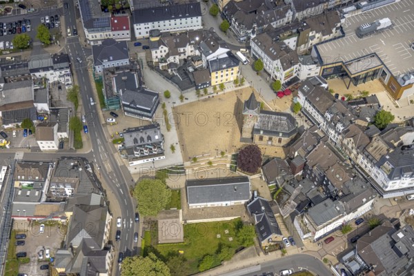 Aerial view, Old Church Velbert at the market place, Velbert, Ruhr area, North Rhine-Westphalia, Germany, place of worship, DE, Europe, religious community, place of worship, holy place, church, parish, denomination, aerial view, aerial photography, aerial photography, market place, religion, religious site, overview, bird's-eye view, weekly market market, birds-eyes view, overview