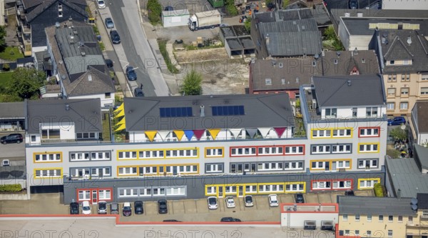 Aerial view, colourful windows at the commercial building Noldestraße, Velbert, Ruhr area, North Rhine-Westphalia, Germany, DE, Europe, commercial building, aerial view, aerial photography, aerial photography, national bank, overview, bird's eye view, birds-eyes view, overview