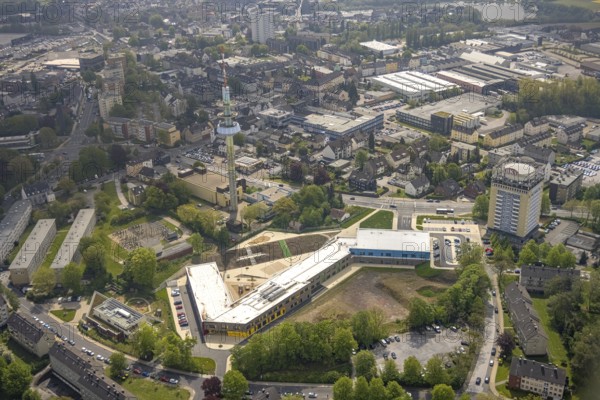 Aerial photo, primary school Kastanienallee, telecommunications tower Velbert, BKS high-rise building, Velbert, Ruhr area, North Rhine-Westphalia, Germany, education, educational institution, DE, Europe, television station, primary school, high-rise building, educational institute, aerial photo, aerial photography, aerial photography, school, tower, overview, bird's-eye view, overview