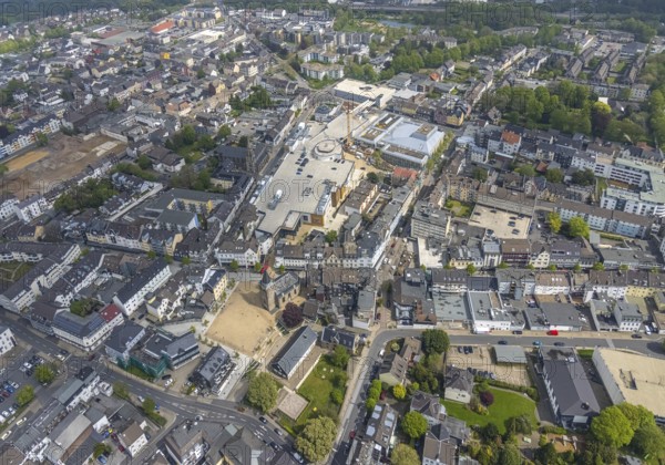Aerial view, construction site at Forum Niederberg, cultural and event centre, StadtGalerie Velbert, St. Marien Kirche, Alte Kirche Velbert am Marktplatz, Velbert, Ruhr area, North Rhine-Westphalia, Germany, place of worship, construction work, construction area, building plots, construction project, construction site, DE, shopping centre, shopping square, shopping centre, Europe, religious community, place of worship, holy place, church, congregation, denomination, convention centre, culture, art, aerial view, aerial photography, aerial photography, religion, religious site, shopping, shopping centre, overview, events, event location, event venue, event centre, bird's-eye view, birds-eyes view, cultural use, overview