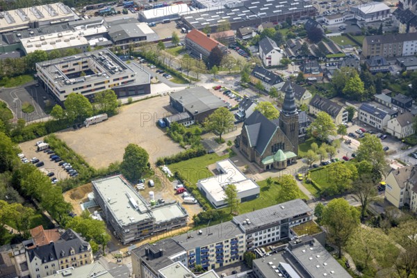 Aerial view, evang. Christuskirche, construction site and new building hospice and palliative centre Niederberg Kurze Straße, Corona rapid test centre in the new parish hall in Oststraße, Velbert, Ruhr area, North Rhine-Westphalia, Germany, place of worship, construction work, building, construction area, building site, building plots, construction, construction project, construction site, DE, Europe, faith community, house of worship, Grünstraße, church, church community, denomination, aerial view, aerial photography, aerial photography, new building, religion, overview, bird's-eye view, birds-eyes view, onlyVelbert, overview