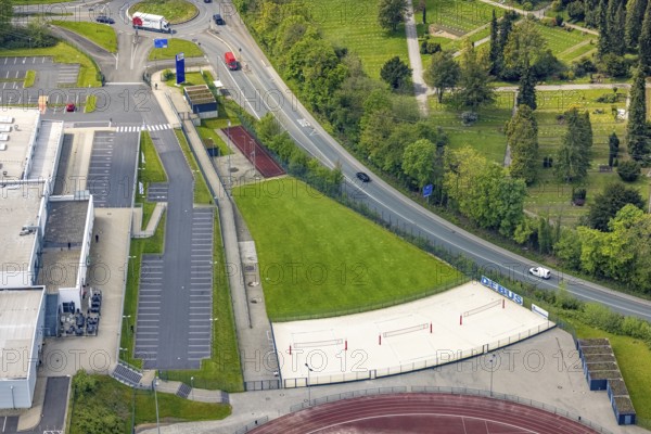 Aerial view, at the Oberliga stadium, EMKA Sports Centre Velbert, Velbert, Ruhr area, North Rhine-Westphalia, Germany, At the sports centre, outdoor catering, DE, Europe, football pitch, football stadium, football club, aerial view, aerial photography, aerial photography, Oberliga stadium, Planungsbüro Geo3, SSVg Velbert, sports, sports facilities, sports field, sports facility, stadium, overview, bird's eye view, birds-eyes view, onlyVelbert, overview