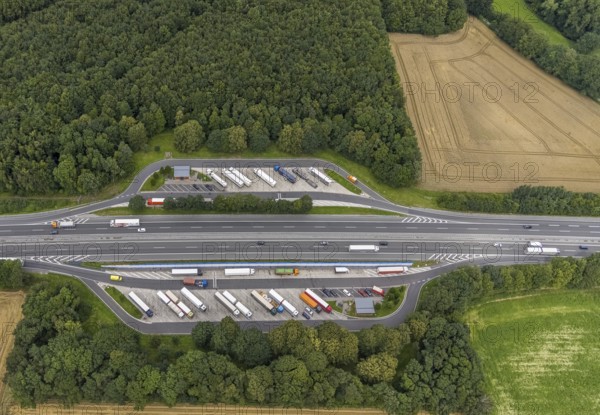 Aerial view, motorway A44 with rest area Grüntal and rest area Buchenhain, Ostbüren, Fröndenberg/Ruhr, Ruhr area, North Rhine-Westphalia, Germany, motorway, motorway rest area, DE, Europe, truck parking, aerial view, aerial photography, aerial photography, rest area, overview, bird's eye view, forest area, birds-eyes view, overview