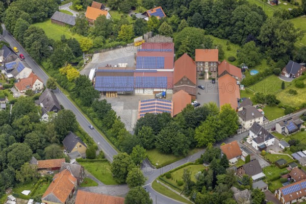 Aerial view, agricultural business Agrarhandel Wilke GmbH with solar roof, Hemmerde, Unna, Ruhr area, North Rhine-Westphalia, Germany, DE, Europe, commercial enterprises, commercial space, commercial location, commercial use, agricultural business, aerial view, aerial photography, aerial photography, photovoltaics, photovoltaic system, solar, solar system, solar roof, solar energy, overview, bird's-eye view, bird's-eye view, overview