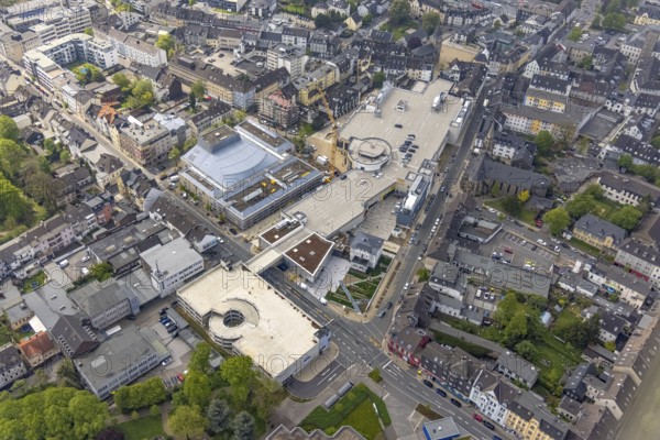 Aerial view, construction site at Forum Niederberg, cultural and event centre, StadtGalerie Velbert, St. Marien Kirche, Velbert, Ruhr area, North Rhine-Westphalia, Germany, place of worship, construction work, construction area, building site, building plots, construction crane, construction project, construction site, DE, shopping centre, shopping square, shopping mall, Europe, religious community, place of worship, holy place, church, parish, denomination, convention centre, culture, art, aerial view, aerial photography, aerial photography, religion, religious site, shopping, shopping centre, overview, events, venue, event location, event centre, bird's-eye view, birds-eyes view, cultural use, overview