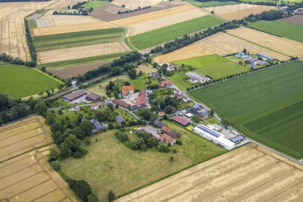 Aerial view, architectural monument, Haus Westhemmerde, farm, Westhemmerde, Unna, Ruhr area, North Rhine-Westphalia, Germany, architectural monument, DE, monument protection, Europe, manorial building, farm, aerial view, aerial photography, aerial photography, photovoltaic, photovoltaic system, castle, solar, solar system, solar roof, solar energy, solar energy, overview, bird's eye view, moat, moated castle, moated castle, birds-eyes view, former aristocratic residence, overview