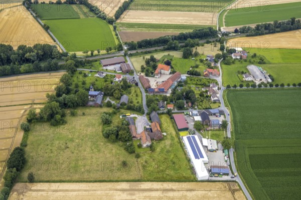 Aerial view, architectural monument, Haus Westhemmerde, farm, Westhemmerde, Unna, Ruhr area, North Rhine-Westphalia, Germany, architectural monument, DE, monument protection, Europe, manorial building, farm, aerial view, aerial photography, aerial photography, photovoltaic, photovoltaic system, castle, solar, solar system, solar roof, solar energy, solar energy, overview, bird's eye view, moat, moated castle, moated castle, birds-eyes view, former aristocratic residence, overview
