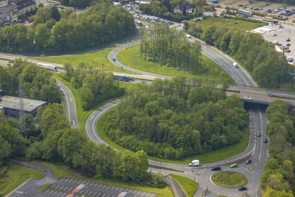 Aerial view, motorway junction Velbert of the A535, Velbert, Ruhr area, North Rhine-Westphalia, Germany, motorway A535, DE, Europe, aerial view, aerial photography, aerial photography, overview, bird's eye view, birds-eyes view, overview