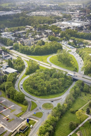 Aerial view, motorway junction Velbert of the A535, Velbert, Ruhr area, North Rhine-Westphalia, Germany, motorway A535, DE, Europe, aerial view, aerial photography, aerial photography, overview, bird's eye view, birds-eyes view, overview