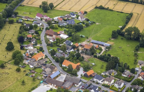 Aerial view, meadows and fields with Stockum town view, Unna, Ruhr area, North Rhine-Westphalia, Germany, DE, Europe, aerial view, aerial photography, aerial photography, town view, townscape, urban area, overview, bird's eye view, meadows and fields, birds-eyes view, overview