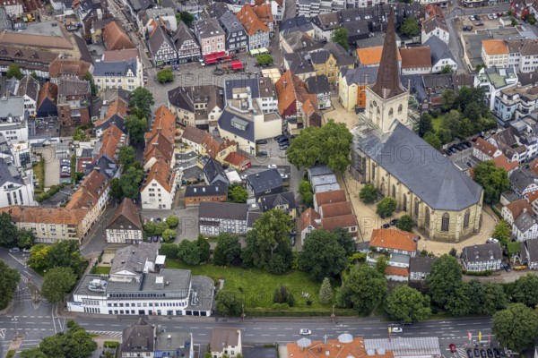 Aerial view, construction site and renovation of the evang. City church, Rubensverlagshaus, editorial building Hellweger Anzeiger, old town market square, Unna, Ruhr area, North Rhine-Westphalia, Germany, place of worship, construction work, construction area, construction site, construction project, construction site, DE, Europe, religious community, place of worship, church, parish, church square, denomination, aerial photograph, aerial photography, aerial photography, market, market square, religion, renovation, renovation, overview, bird's eye view, birds-eyes view, overview