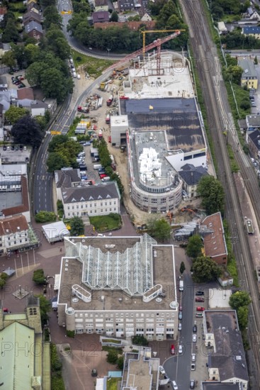 Aerial view, construction site and new building shopping centre, former site Mühle Bremme, town hall, Unna, Ruhr area, North Rhine-Westphalia, Germany, construction work, construction area, construction site, building plots, construction project, construction site, authority, DE, shopping centre, Europe, Kantstraße, aerial view, aerial photography, aerial photography, new building, post office stairs, city administration, overview, bird's-eye view, overview