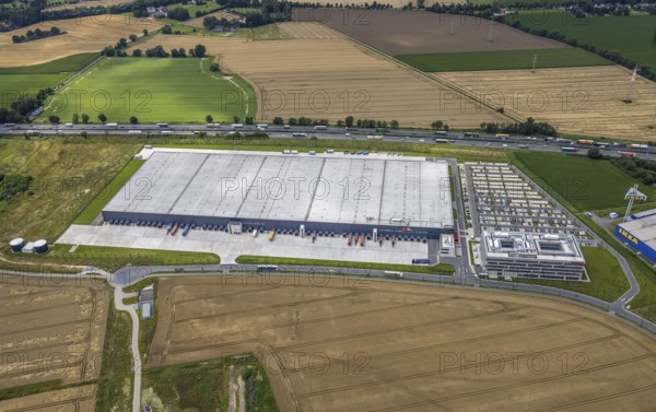 Aerial view, new Woolworth headquarters and logistics centre, commercial area Unna Kamen, Afferde, Unna, Ruhr area, North Rhine-Westphalia, Germany, DE, Europe, commercial enterprises, commercial area, commercial park, commercial location, commercial use, industrial area, industrial building, industrial location, logistics, logistics service, logistics service provider, logistics provider, logistics centre, aerial photograph, aerial photography, aerial photography, overview, bird's-eye view, birds-eyes view, overview