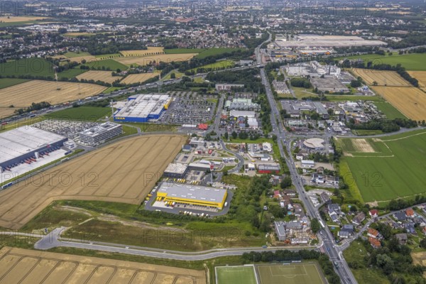 Aerial view, IKEA furniture store Kamen, Deutsche Post DHL Logistik, commercial area Unna Kamen, Afferde, Unna, Ruhr area, North Rhine-Westphalia, Germany, DE, Europe, commercial enterprises, commercial area, commercial park, commercial location, commercial use, industrial area, industrial building, industrial location, Kamen, logistics, logistics service, logistics service provider, logistics provider, logistics centre, aerial view, aerial photography, aerial photography, overview, bird's eye view, birds-eyes view, overview