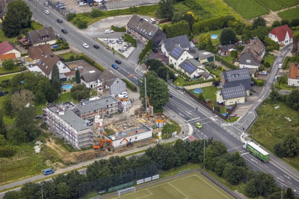 Aerial view, construction site and new building Kamener Straße corner An der Stadtgrenze, Afferde, Unna, Ruhr area, North Rhine-Westphalia, Germany, construction work, construction area, building site, building plots, construction project, construction site, DE, Europe, aerial view, aerial photography, aerial photography, new building, overview, bird's-eye view, overview