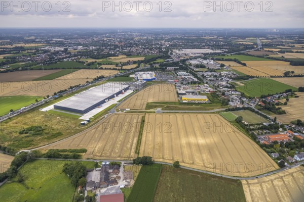 Aerial view, new Woolworth headquarters and logistics centre, IKEA furniture store Kamen, Deutsche Post DHL Logistik, commercial area Unna Kamen, Afferde, Unna, Ruhr area, North Rhine-Westphalia, Germany, DE, Europe, commercial enterprises, commercial area, commercial park, commercial location, commercial use, industrial area, industrial building, industrial location, logistics, logistics service, logistics service provider, logistics provider, logistics centre, aerial view, aerial photography, aerial photography, overview, bird's-eye view, overview