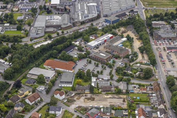 Aerial view, commercial area Hansastraße, Unna, Ruhr area, North Rhine-Westphalia, Germany, DE, Europe, commercial enterprises, commercial area, commercial park, commercial location, commercial use, industrial area, industrial location, aerial photography, aerial photography, aerial photography, overview, bird's-eye view, overview