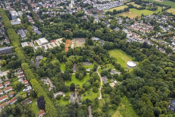 Aerial view, spa gardens, tent Circus Travados, Königsborn, Unna, Ruhr area, North Rhine-Westphalia, Germany, DE, Europe, aerial view, aerial photography, aerial photography, park, tennis facility, tennis courts, overview, bird's-eye view, overview
